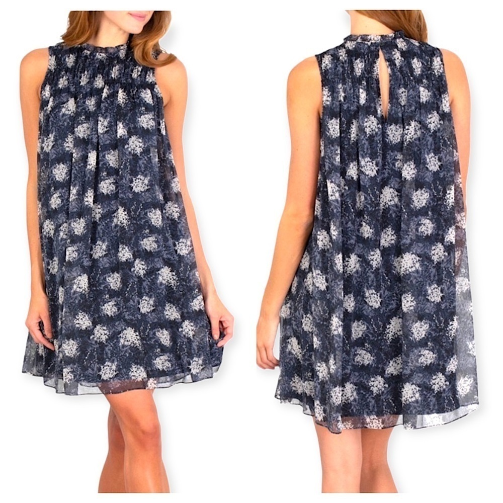 Joie Baltic Print Smocked Sleeveless Mini Dress Size Small Keyhole Flowy Floral